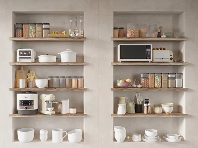 Organized Kitchen Shelves With Kitchen Utensils Blender Microwave White Bowls And Storage Jars 3d model