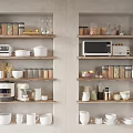 Organized Kitchen Shelves With Kitchen Utensils Blender Microwave White Bowls And Storage Jars