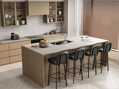 Modern Kitchen With Central Island Counter And Black Bar Stools 3d model