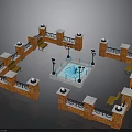 Traditional Courtyard Design With Red Brick Walls White Railings Lamp Posts Blue Pool And Benches