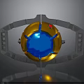 Mechanical Device With Orange Sphere Blue Glowing Core Red Gemstone And Gray Frame