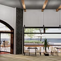Modern Restaurant Interior With Wooden Herringbone Flooring Counter Tables Chairs Decorative Plants Wall Clocks