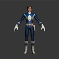 Man Wearing Blue and White Tight Suit With Red Belt White Gloves Diamond Boots