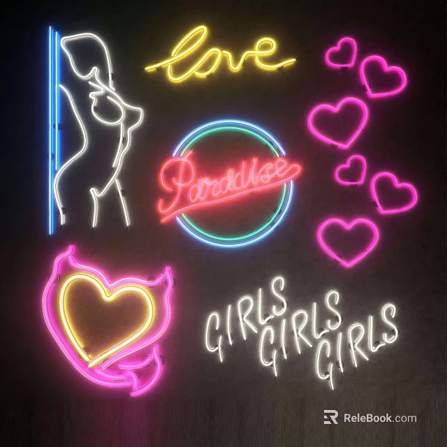 Vibrant Neon Decorative Lights With Heart Shapes Love Paradise Girls Text And Female Silhouette 3d model 
