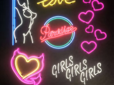 Vibrant Neon Decorative Lights With Heart Shapes Love Paradise Girls Text And Female Silhouette 3d model