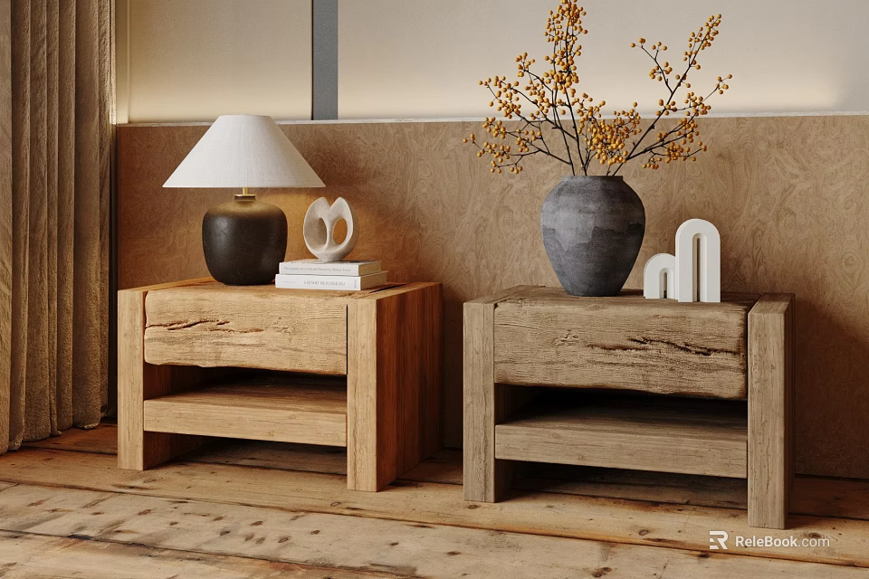 Natural Wood Bedside Tables With Table Lamp Books Vase And Decorative Items 3d model 