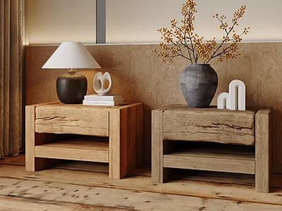 Natural Wood Bedside Tables With Table Lamp Books Vase And Decorative Items 3d model