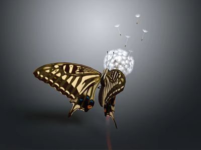 Butterfly with Yellow and Black Striped Wings Near Dandelion with Floating Seeds 3d model