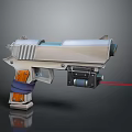 Futuristic Sci-Fi Weapon with Silver Metallic Body Brown Wooden Grip Red Laser and Mechanical Structure