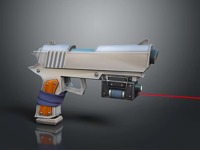 Futuristic Sci-Fi Weapon with Silver Metallic Body Brown Wooden Grip Red Laser and Mechanical Structure 3d model