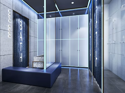 Modern SPA Sauna Room With Glass Lockers Blue Bench And Bath Sign 3d model