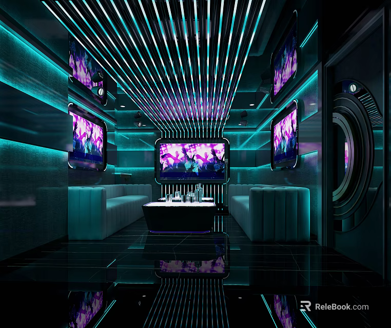 Modern KTV Interior With Blue Neon Lights Multiple Screens And Sofa Seating 3d model 