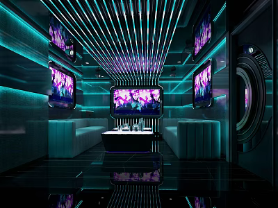 Modern KTV Interior With Blue Neon Lights Multiple Screens And Sofa Seating 3d model