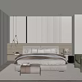 Modern Bedroom Interior With Vertical Striped Wall Plush Pillows Pendant Lights And Green Accent Chair