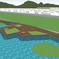 Waterside Landscape Design With Blue Water Green Patches Walking Path And Distant Mountains