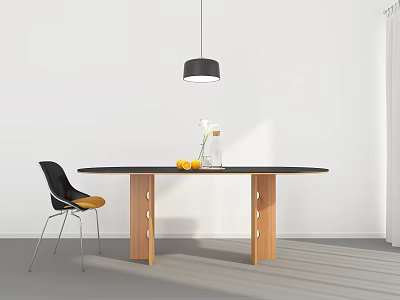 Dining Table Set With Black Tabletop Wooden Legs Black Chair Yellow Cushion And White Flowers 3d model