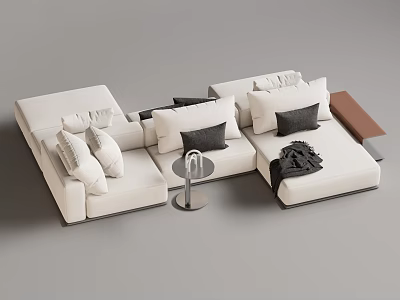 White Sectional Sofa With Multiple Pillows Dark Cushions Small Round Table And Throw Blanket 3d model