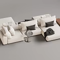 White Sectional Sofa With Multiple Pillows Dark Cushions Small Round Table And Throw Blanket 3d model