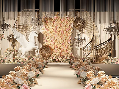 Elegant Banquet Hall With White Pegasus Sculpture Floral Wall And Chandeliers 3d model