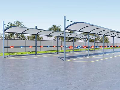 Outdoor Car Parking Carports With Metal Frame Supports Polycarbonate Roofs And Green Trees 3d model