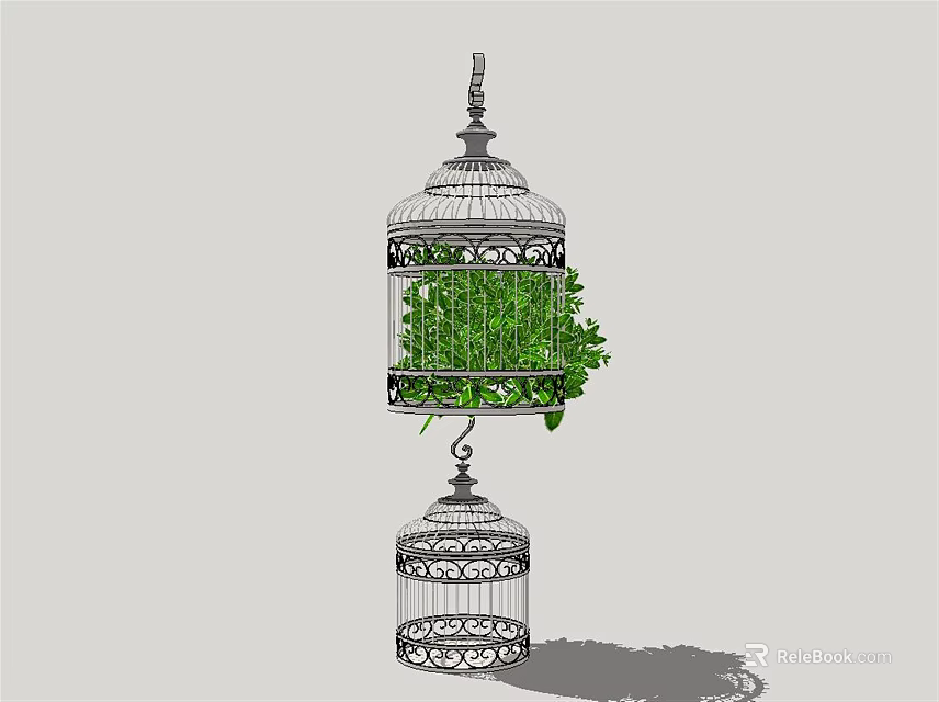 Stylish Metal Cage Hanging Basket Planters With Lush Green Trailing Plants Design 3d model 