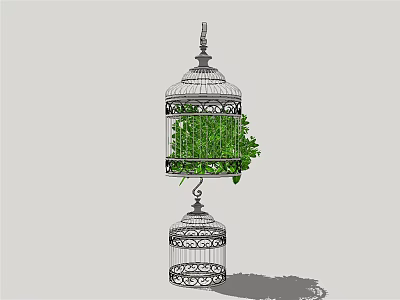 Stylish Metal Cage Hanging Basket Planters With Lush Green Trailing Plants Design 3d model