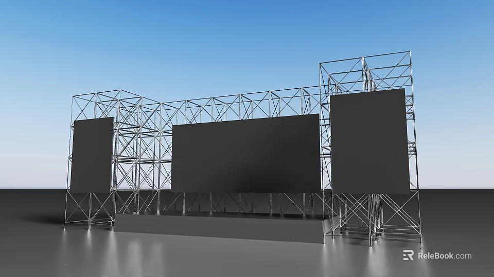 Metal Frame Stage With Three Large Black Screens And Blue Sky Background 3d model 