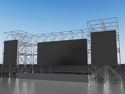Metal Frame Stage With Three Large Black Screens And Blue Sky Background 3d model