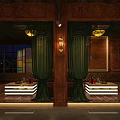 Vintage Bar Interior With Stained Glass Chandeliers Red Curtains And Leather Chairs