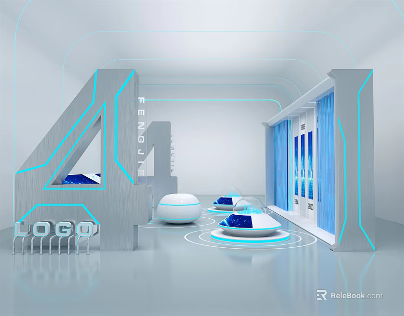 Modern Exhibition Booth With Geometric Structure Blue Lighting And Circular Display Tables 3d model 