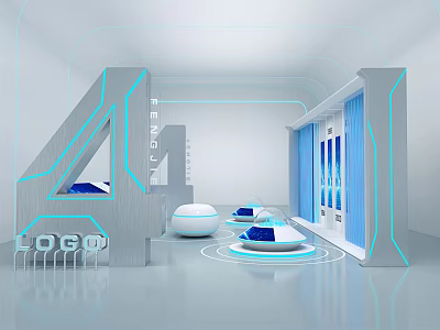 Modern Exhibition Booth With Geometric Structure Blue Lighting And Circular Display Tables 3d model