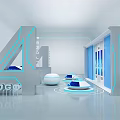 Modern Exhibition Booth With Geometric Structure Blue Lighting And Circular Display Tables