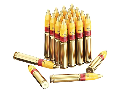 Golden Bullets With Red Labels Stacked And Scattered On White Background 3d model