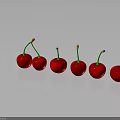 Six Fresh Red Cherries With Green Stems On Dark Reflective Surface