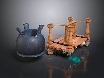 Wooden Functional Desk With Sturdy Pillars Platform And Black Tool Accessories 3d model