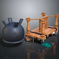 Wooden Functional Desk With Sturdy Pillars Platform And Black Tool Accessories