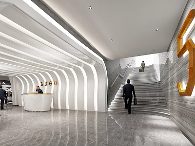 Modern Front Desk Reception Interior With Curved Lighting Marble Floor And Staircase 3d model