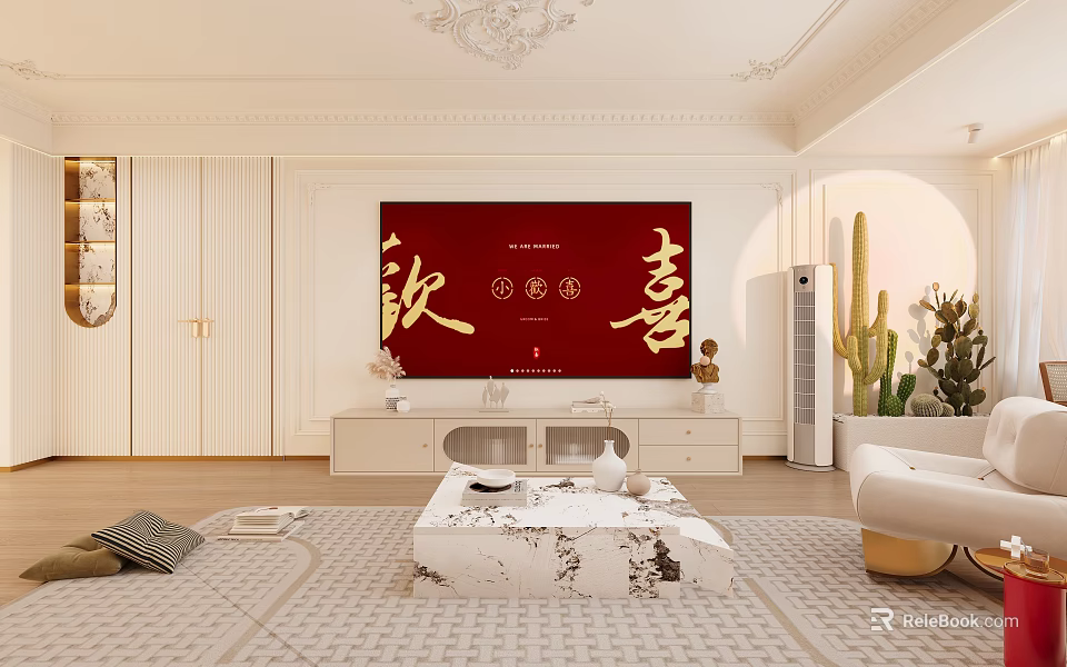Elegant Living Dining Room with Red Artwork White TV Stand Sofa Green Plants and Chandelier 3d model 