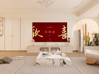 Elegant Living Dining Room with Red Artwork White TV Stand Sofa Green Plants and Chandelier 3d model