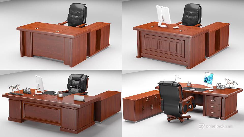 Modern Wooden Office Desk With Black Chair Computer Monitor And Storage Drawers 3d model 