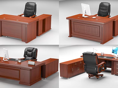 Modern Wooden Office Desk With Black Chair Computer Monitor And Storage Drawers 3d model