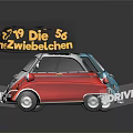 Small BANC Brand Cars in Blue Red with Pizza Zweidach Mobile Backerei Signs