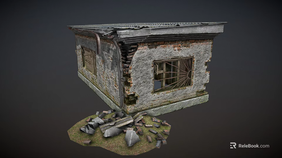 Dilapidated Small House With Damaged Walls Slanted Roof Iron Bar Window And Scattered Rubble 3d model 