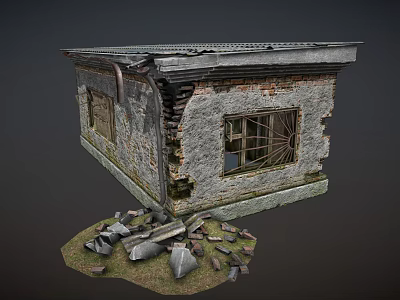 Dilapidated Small House With Damaged Walls Slanted Roof Iron Bar Window And Scattered Rubble 3d model
