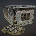 Dilapidated Small House With Damaged Walls Slanted Roof Iron Bar Window And Scattered Rubble