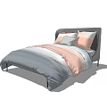 Modern Double Bed With Gray Headboard Pink White Pillows And Striped Bedspread 3d model