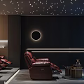 Modern Home Theater Interior With Red Leather Recliner And Circular Accent Light
