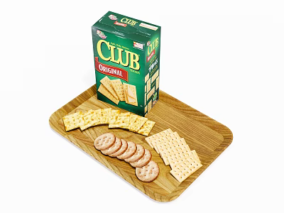 Club Original Crackers in Green Box on Wooden Tray with Round and Square Shapes 3d model