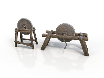 Two Old Fashioned Industrial Stone Grinders With Wooden Support Frames 3d model