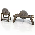 Two Old Fashioned Industrial Stone Grinders With Wooden Support Frames